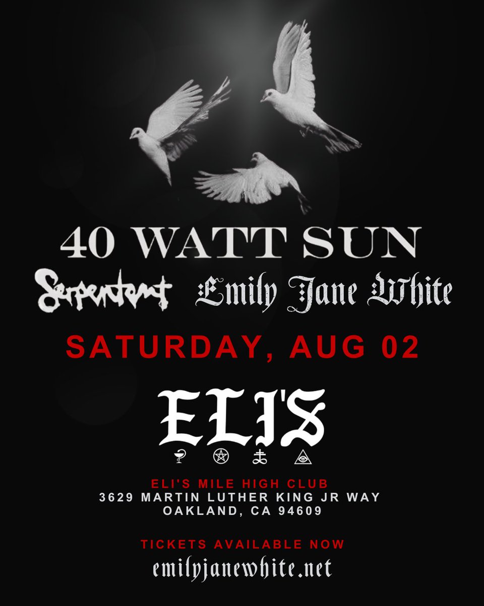 August 2nd - Looking forward to joining and supporting @40wattsunmusic + <a href="/se/">@ellingen@mastodon.social</a>.rp.en.te.nt on their bay area tour date in Oakland @elismilehighclub.

Ticket Link: emilyjanewhite.net/tour-1