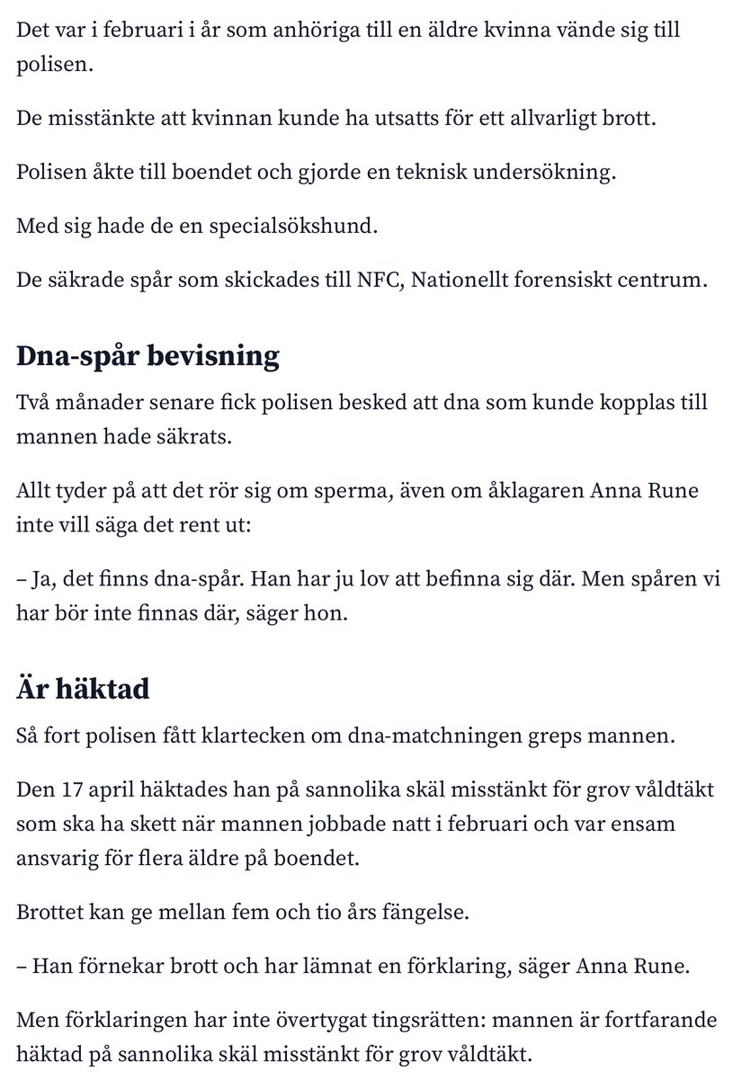 Anställd åtalas för att ha våldtagit kvinna på äldreboende i Värmland: ”Finns dna-spår”. Den 40-årige mannen jobbade natt på äldreboendet. Nu åtalas han för grov våldtäkt på en äldre kvinna han var satt att vårda. nwt.se/2025/06/26/40-…