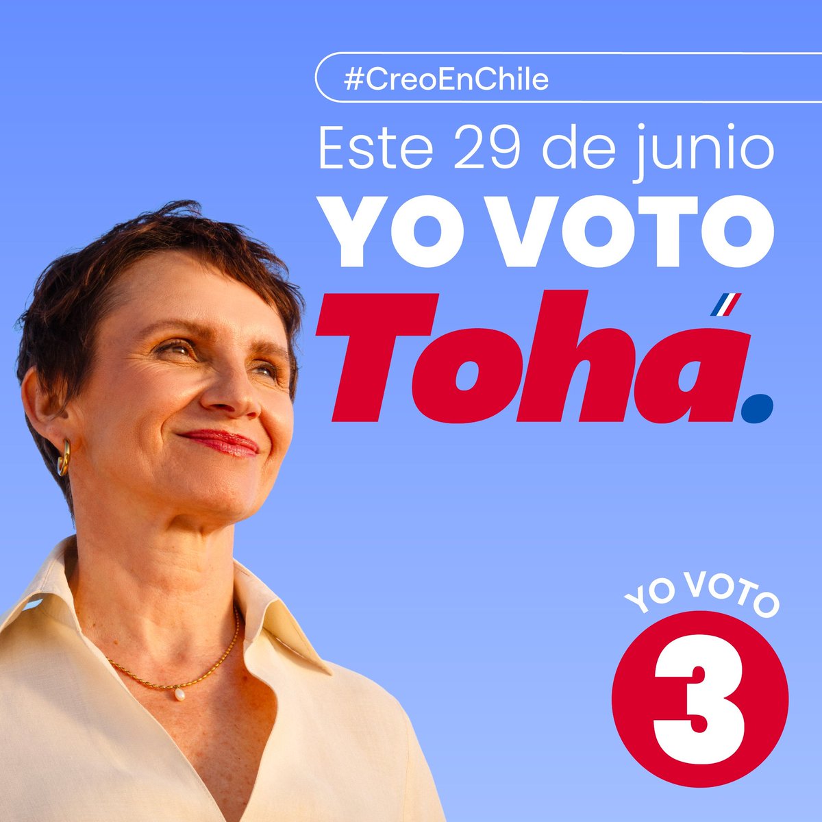 Este 29 de junio ¡vamos a votar por Carolina Toá! Avisémosle a todas y todos, especialmente a los independientes: tenemos una opción ganadora, moderada y con futuro. Carolina es la mejor opción para Chile. ¡Levantémonos con fuerza! #votatoha