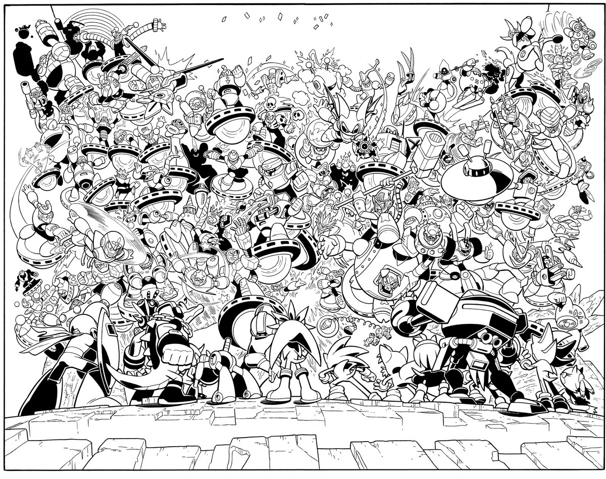 gmartinink's tweet image. Day 4 of Sonic week! Here's another double-page splash from STH 250 (the Mega Man crossover saga) with Pencils by Ben Bates and inks by yours truly.
