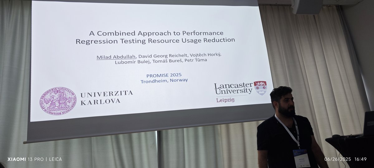We just heard from Milad Abdullah from Charles University, Czechia, who presented on "A Combined Approach to Performance Regression Testing Resource Usage Reduction." Excellent insights into optimizing testing efforts! #PROMISE2025 #PerformanceTesting #RegressionTesting