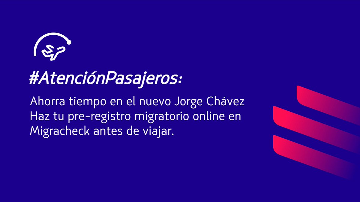 #AtenciónPasajeros: Si viajas internacionalmente desde o hacia Perú por el nuevo Jorge Chávez, haz tu pre-registro migratorio online en Migracheck y ahorra tiempo.
Disponible para peruanos y extranjeros residentes con pasaporte electrónico.
Hazlo aquí: migraciones.gob.pe/migracheck/