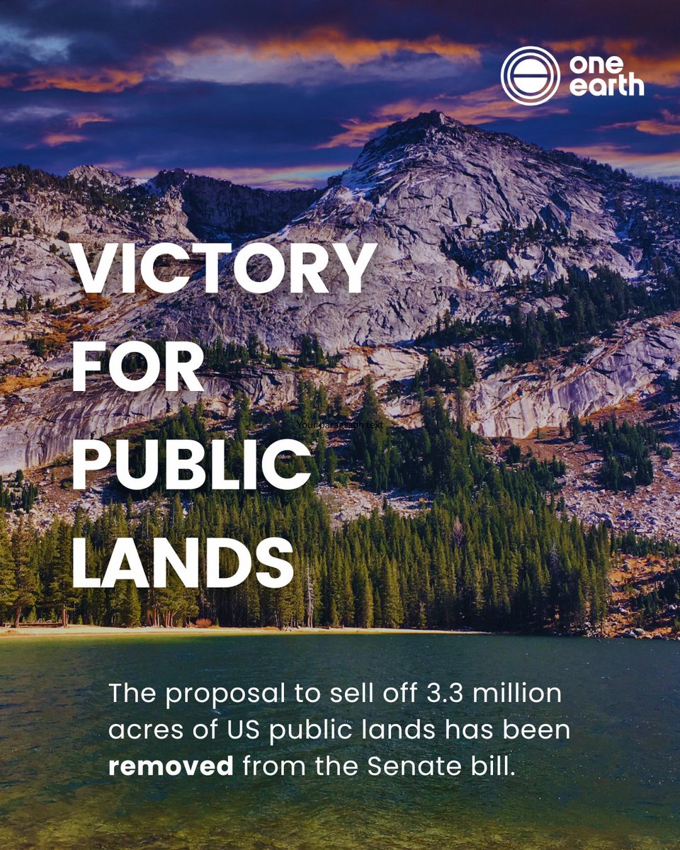 OneEarth's tweet image. A dangerous proposal to sell off public lands has been removed from the Senate’s bill thanks to massive public pushback. But the threat to our wild places remains, and we must stay vigilant.

#PublicLands belong to all of us. Let’s keep them that way.

#ProtectNature #WildAmerica