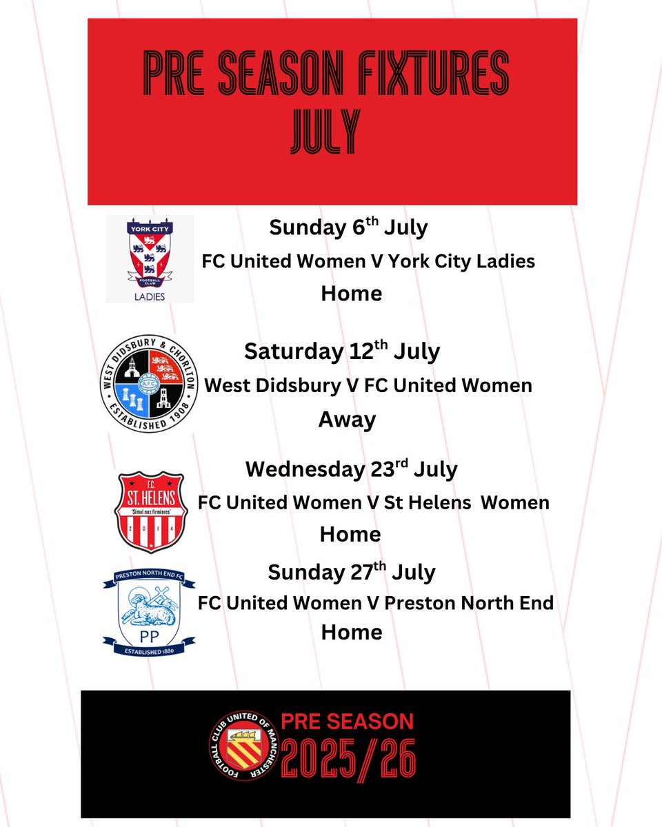 Pre-season fixtures for July are set 🔐 

A strong pre-season schedule awaits FC United Women, paving the way for the new season. 

🗓️We kick off the pre-season on Sunday, 6th July, hosting York City Ladies. 

#FCUMW
🔴⚪️⚫️