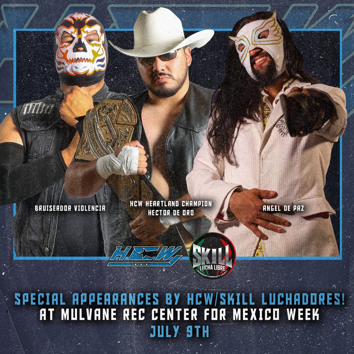 HCWLive23's tweet photo. Luchadors from Heartland Championship Wrestling and Southwest Kansas Independent Lucha Libre will appear LIVE at the Mulvane Rec. Center on Wednesday, July 9th, for MEXICO WEEK.
#hcw #skill #luchalibre #luchadores #mexicoweek https://t.co/NtelZjJgty