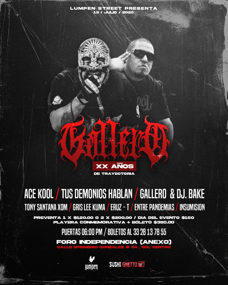 Setlist.me (@setlist_me) on Twitter photo #NuevoShow
Gallero celebrará 20 años de trayectoria este 19 de Julio en el Anexo Independencia
<a href="/foindependencia/">Foro Independencia</a>
* Más bandas invitadas *
Presentado por: Lumpen Street #NuevoShow
Gallero celebrará 20 años de trayectoria este 19 de Julio en el Anexo Independencia
<a href="/foindependencia/">Foro Independencia</a>
* Más bandas invitadas *
Presentado por: Lumpen Street