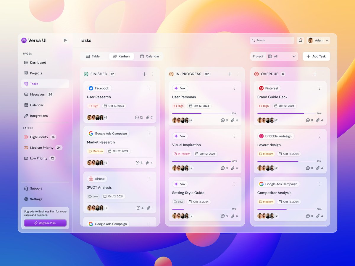 versaui's tweet image. Tasks - Kanban in Glassmorphism theme ✨️
Explore more - versaui.net

#figma #figmacomponents #designsystem #UIDesign