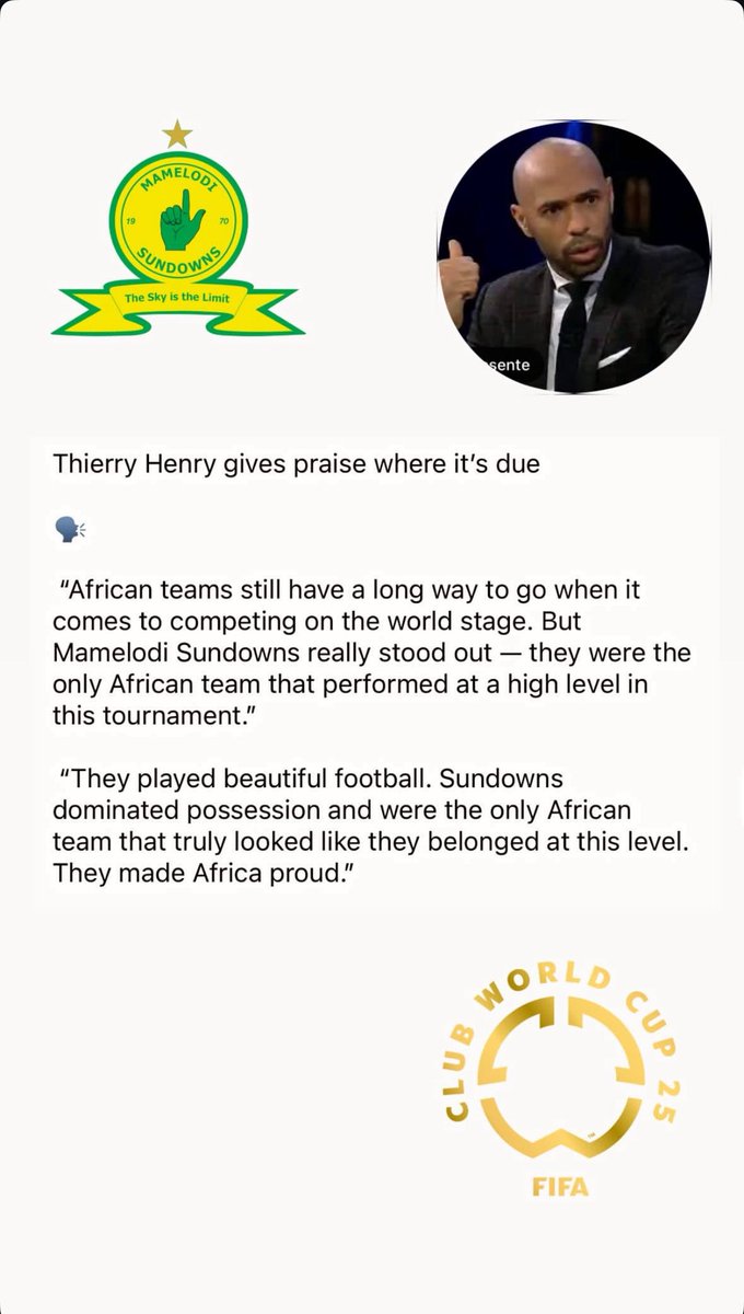 SundownsXtra_'s tweet image. Thierry Henry: “African Clubs still have a long way to go when it comes to competing on the world stage. But Mamelodi Sundowns really stood out, they were the only African team that performed at a high level in this tournament” 💛👆🌍