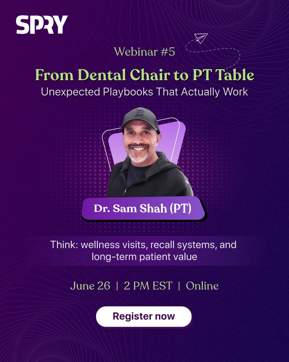 SPRY PT (@spry575503) on Twitter photo Can PT clinics dentistry share their business playbooks? 
Join Dr. Sam Shah, Dr. Alex Bendersky for a real-talk session on what PT can takeaway to build smarter, more sustainable practices.
Register: lnkd.in/gzQnpd_F
#Webinar #PhysicalTherapy #ClinicGrowth #Spry #SpryPT Can PT clinics dentistry share their business playbooks? 
Join Dr. Sam Shah, Dr. Alex Bendersky for a real-talk session on what PT can takeaway to build smarter, more sustainable practices.
Register: lnkd.in/gzQnpd_F
#Webinar #PhysicalTherapy #ClinicGrowth #Spry #SpryPT