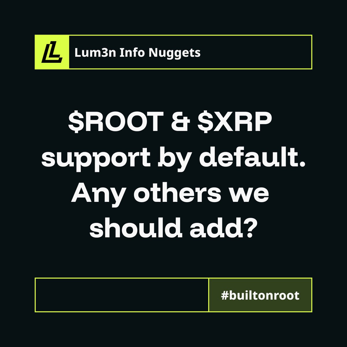 Lum3n (@lum3n_xyz) on Twitter photo Did you know? 💡
From day one, you can use both $ROOT and $XRP as payment tokens for your Lum3n collections — gas fees can be covered in either currency by default!
Which other <a href="/TheRootNetwork/">The Root Network</a> tokens should we add next for payments? 🪙
Drop your suggestions below! 👇 Did you know? 💡
From day one, you can use both $ROOT and $XRP as payment tokens for your Lum3n collections — gas fees can be covered in either currency by default!
Which other <a href="/TheRootNetwork/">The Root Network</a> tokens should we add next for payments? 🪙
Drop your suggestions below! 👇