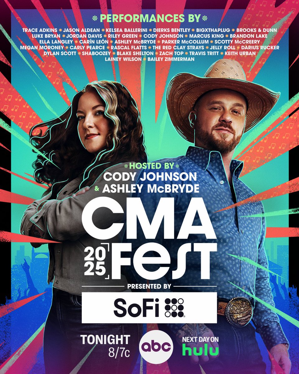 TONIGHT @CodyJohnson &amp; <a href="/AshleyMcBryde/">Ashley McBryde</a> host CMA Fest presented by <a href="/SoFi/">SoFi</a>, at 8/7c on <a href="/ABCNetwork/">ABC</a>! Stream next day on @Hulu. Join the conversation using #CMAfest!