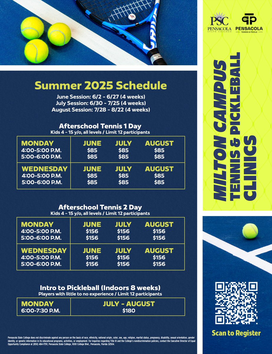 Continuing Ed is serving up even more tennis and pickleball clinics just for YOU!🎾

View the flyers for more details, and register using the following link: pensacolastate.estore.flywire.com/pensacola-camp…

#continuingeducation #tennispickleball #GoHereGetThere #pensacolastatecollege