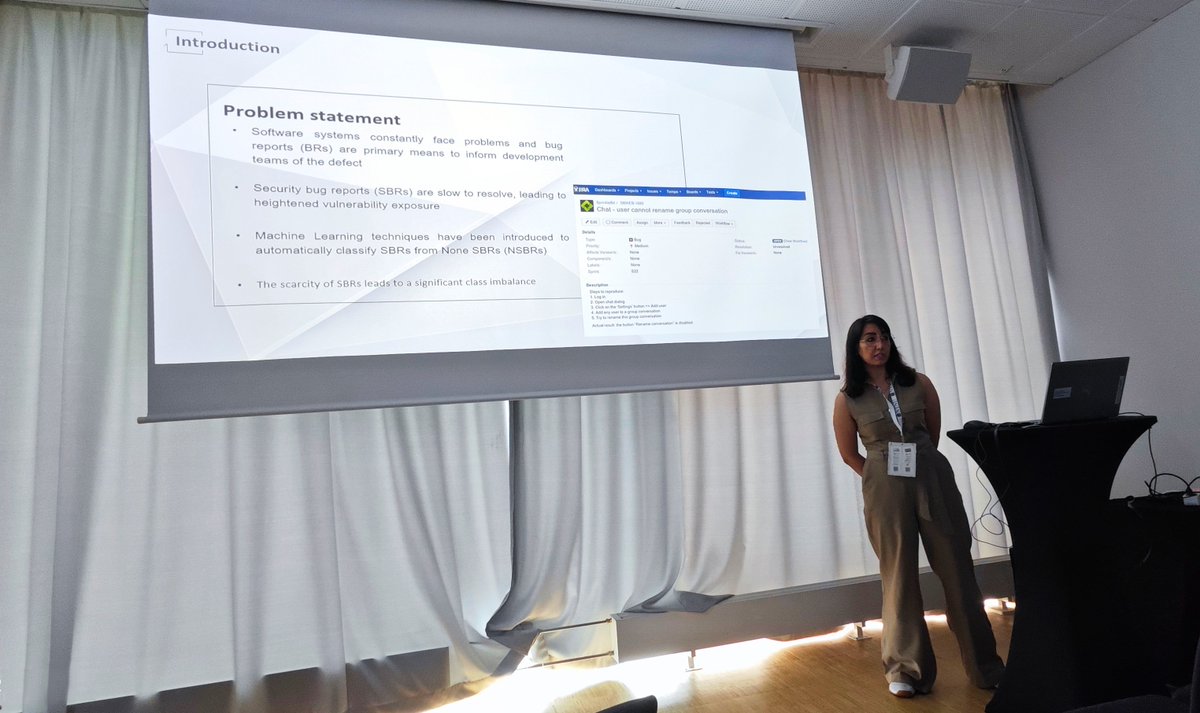 Another excellent presentation at #PROMISE2025! Farnaz Soltaniani from TU Clausthal shared insights on "Security Bug Report Prediction Within and Across Projects: A Comparative Study of BERT and Random Forest." Great work on a critical topic! #Security #BugPrediction #BERT