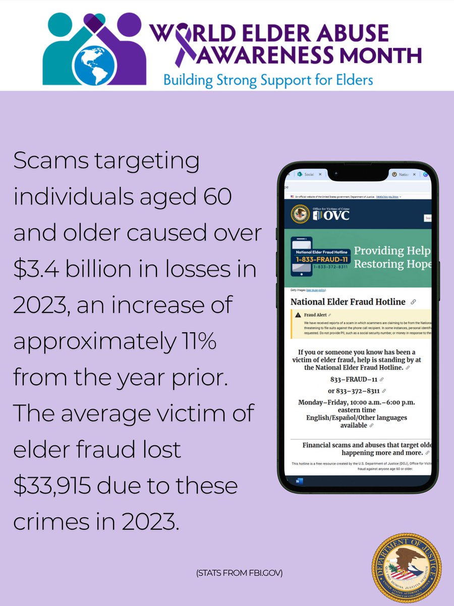 USAO_DC's tweet photo. Elder fraud is on the rise. Protect your loved ones. Learn more and report elder fraud at https://t.co/ZIFSwcbVNr.
#weaam #fraudprevention #justice
@USAttyPirro https://t.co/jP4Dw3g6fc