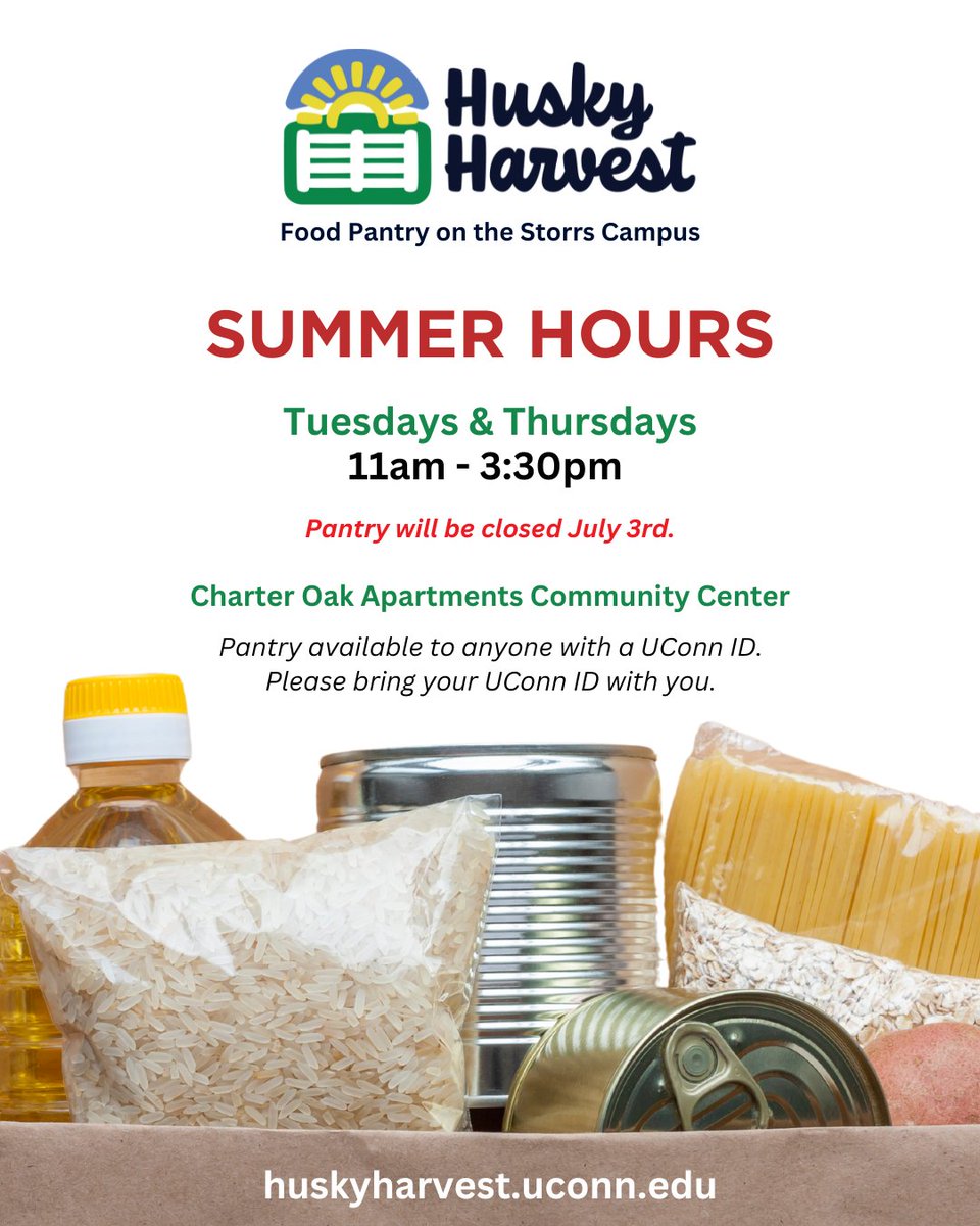 A reminder that Husky Harvest food pantry on the Storrs campus is open this summer on Tuesdays and Thursdays from 11am-3:30pm. The pantry will be closed on Thursday, July 3rd. If you are looking for ways to assist the pantry, please check out  bit.ly/HHStorrsWishli…