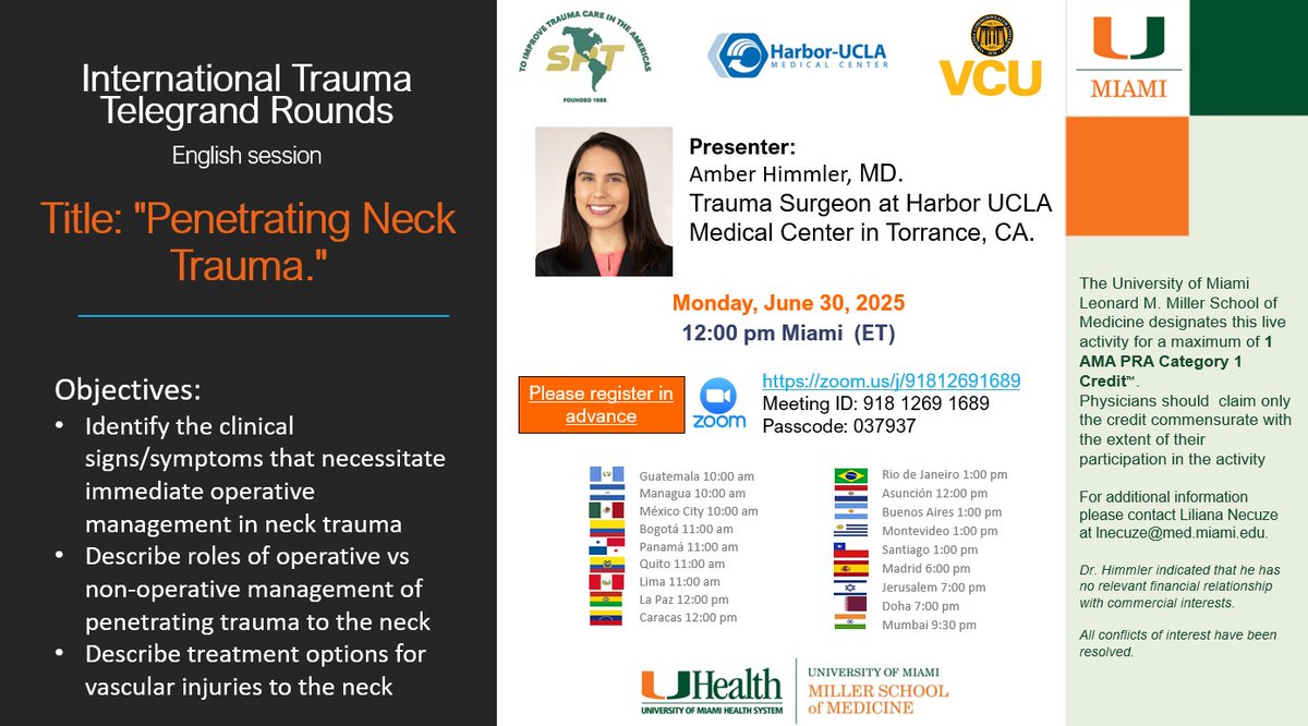 Panamericanadetrauma (@panamtrauma) on Twitter photo International Trauma Telegrand Rounds. June 30, 2025. REGISTER AND JOIN THE MEETING: zoom.us/j/91812691689 ; Meeting ID: 918 1269 1689; Passcode: 037937
MORE INFO. panamtrauma.org/page-1854880
CHECK YOUR LOCAL TIME  timeanddate.com/worldclock/con…
WATCH SESSIONS: youtube.com/playlist... International Trauma Telegrand Rounds. June 30, 2025. REGISTER AND JOIN THE MEETING: zoom.us/j/91812691689 ; Meeting ID: 918 1269 1689; Passcode: 037937
MORE INFO. panamtrauma.org/page-1854880
CHECK YOUR LOCAL TIME  timeanddate.com/worldclock/con…
WATCH SESSIONS: youtube.com/playlist...