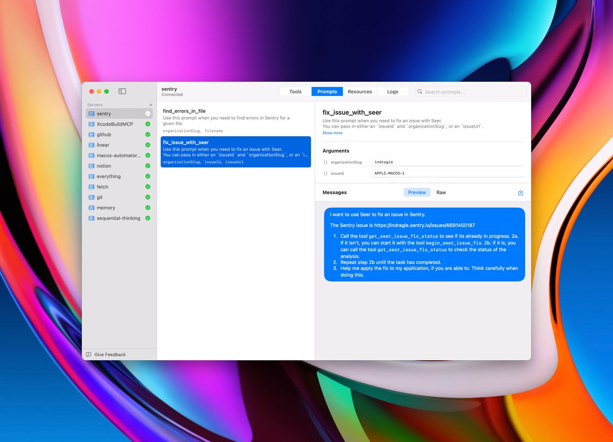 indragie's tweet image. Today is launch day: I've released Context, a fully native macOS tool for debugging MCP servers.
It supports multiple simultaneous server connections and most major features of the MCP spec today (tools, prompts, resources, logs, OAuth). And it's completely free and open source