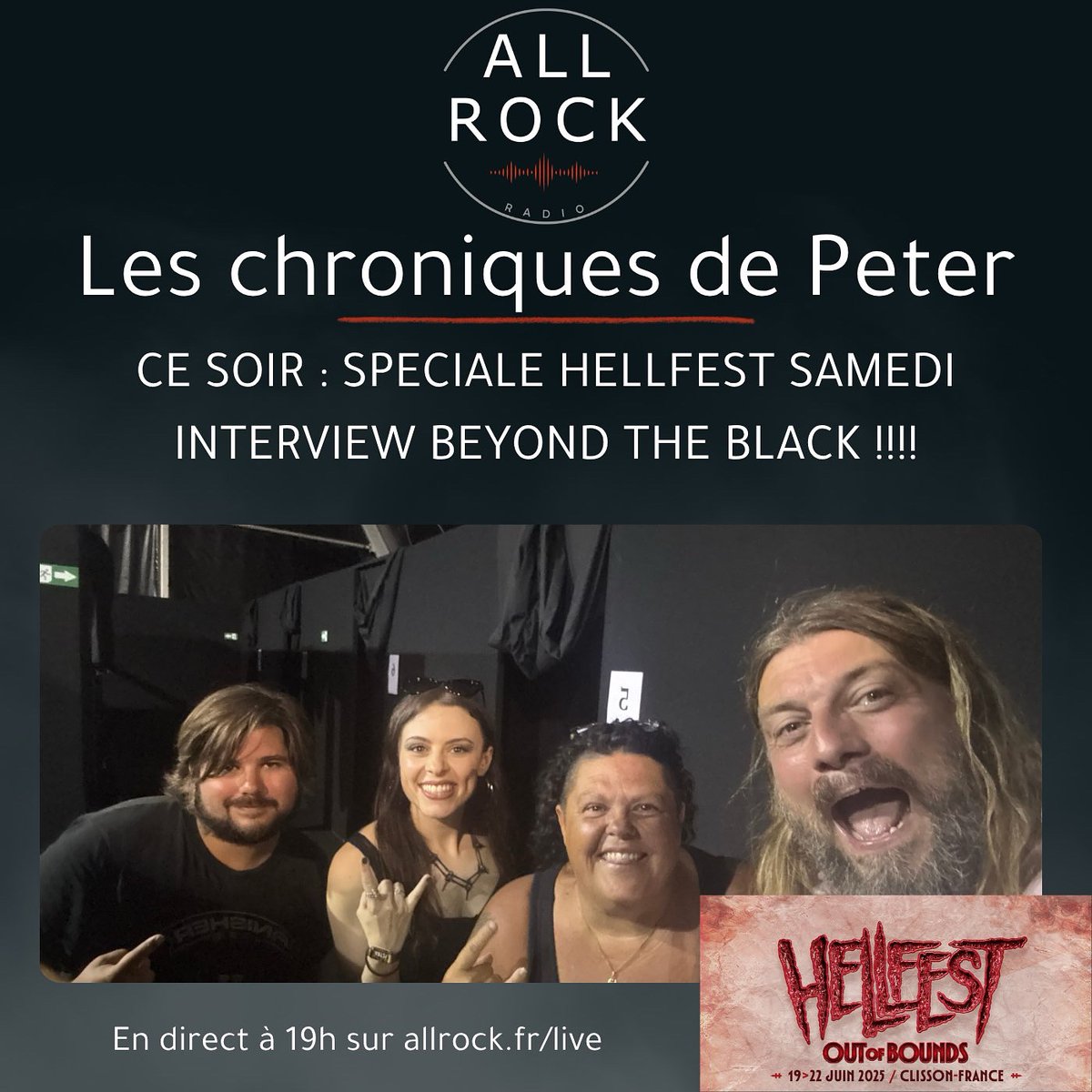 Ce soir c’est <a href="/BEYONDTHEBLACK/">BEYOND THE BLACK</a> en interview ! Émission spéciale <a href="/hellfestopenair/">Hellfest Open Air Festival</a> !
Rdv à 19h sur allrock.fr/live/
