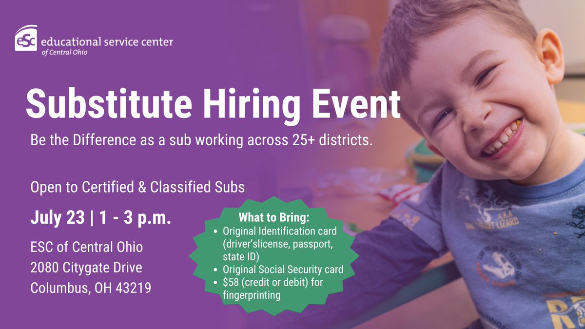 🗓️  Calling all certified and classified substitutes! Mark your calendar and join us on July 23 for a Substitute #Hiring Event. No registration required!

As a sub with the ESC you can:
✅ Choose your workdays and locations
✅ Work in 25+ districts and 200+ buildings