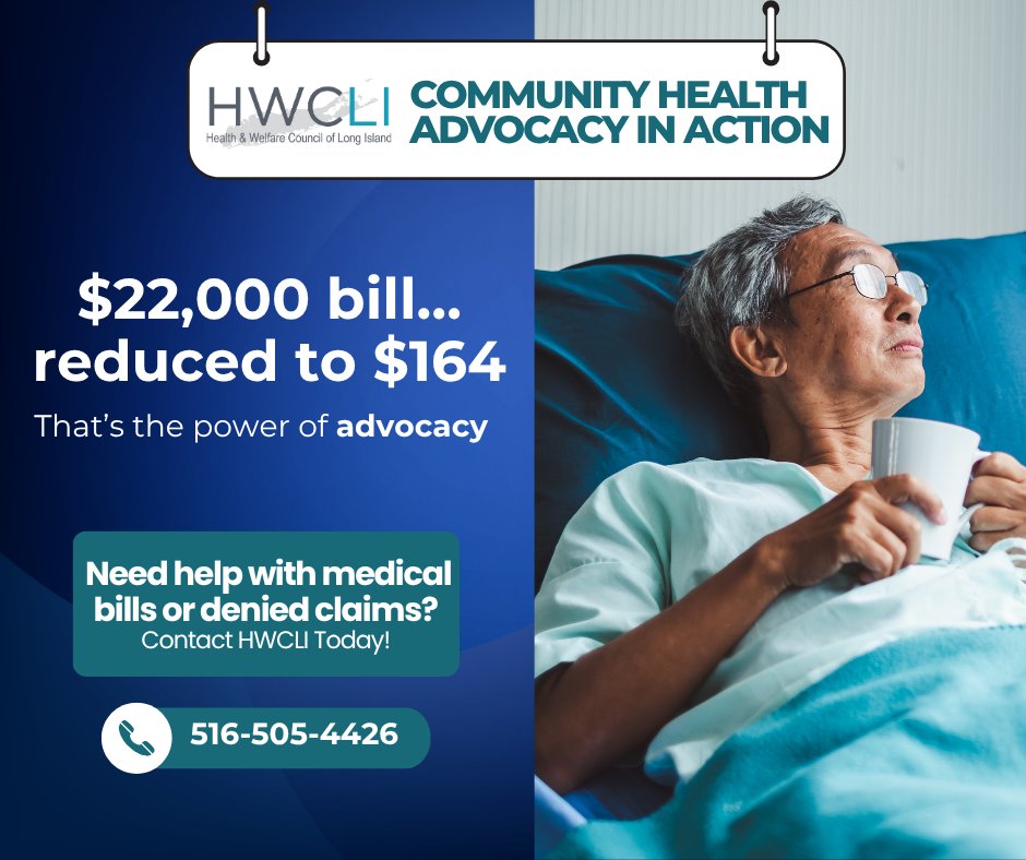 HWCLI's tweet image. When John’s ER visit wasn’t covered by Emergency Medicaid, he faced a $22K bill. HWCLI challenged the denials & helped him apply for financial aid. His final bill? $164. We provide help to folks like John every day. Need help or want to learn more? Call us today 516-505-4426!