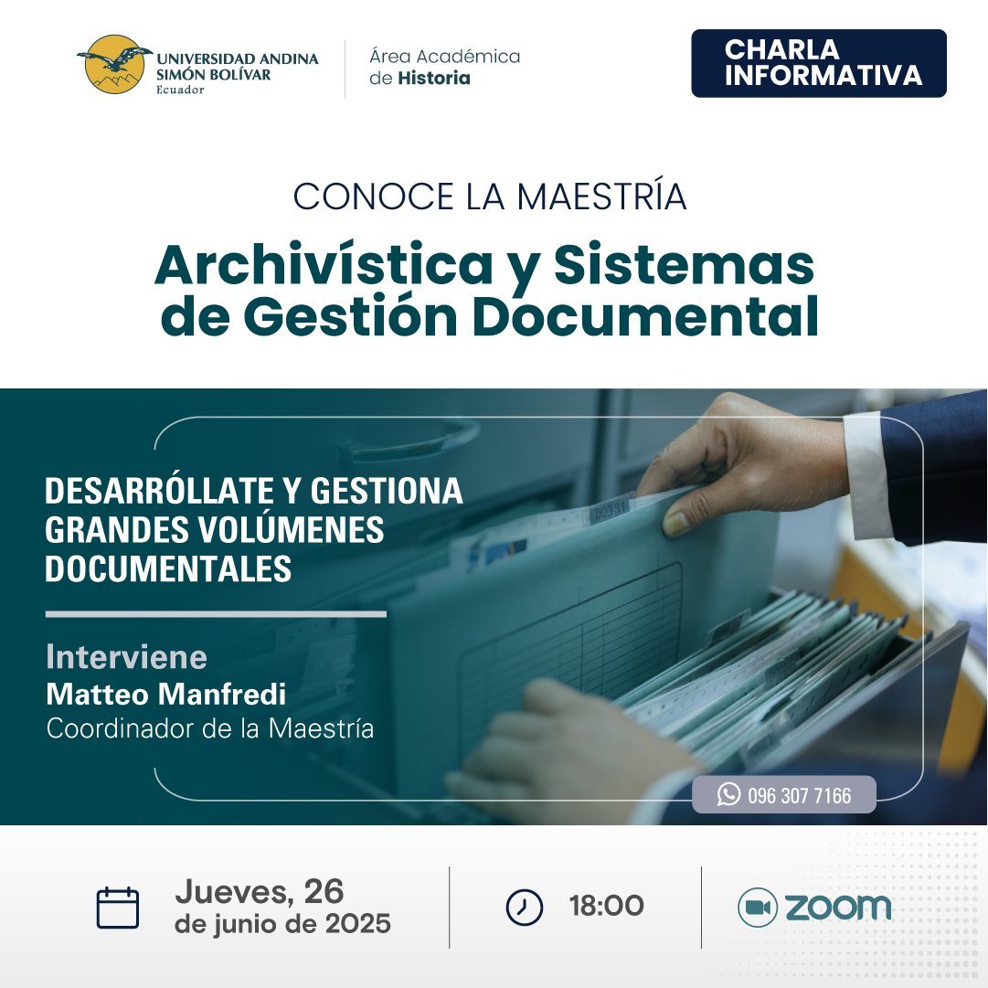 📚 HOY | 𝗖𝗼𝗻𝗲𝗰𝘁𝗮 𝗰𝗼𝗻 𝗹𝗮 𝗺𝗲𝗺𝗼𝗿𝗶𝗮, 𝗴𝗲𝘀𝘁𝗶𝗼𝗻𝗮 𝗲𝗹 𝗳𝘂𝘁𝘂𝗿𝗼

¿Te apasiona la organización documental y el acceso a la información?
Descubre la 𝗠𝗮𝗲𝘀𝘁𝗿𝗶́𝗮 𝗲𝗻 𝗔𝗿𝗰𝗵𝗶𝘃𝗶́𝘀𝘁𝗶𝗰𝗮 𝘆 𝗦𝗶𝘀𝘁𝗲𝗺𝗮𝘀 𝗱𝗲 𝗚𝗲𝘀𝘁𝗶𝗼́𝗻