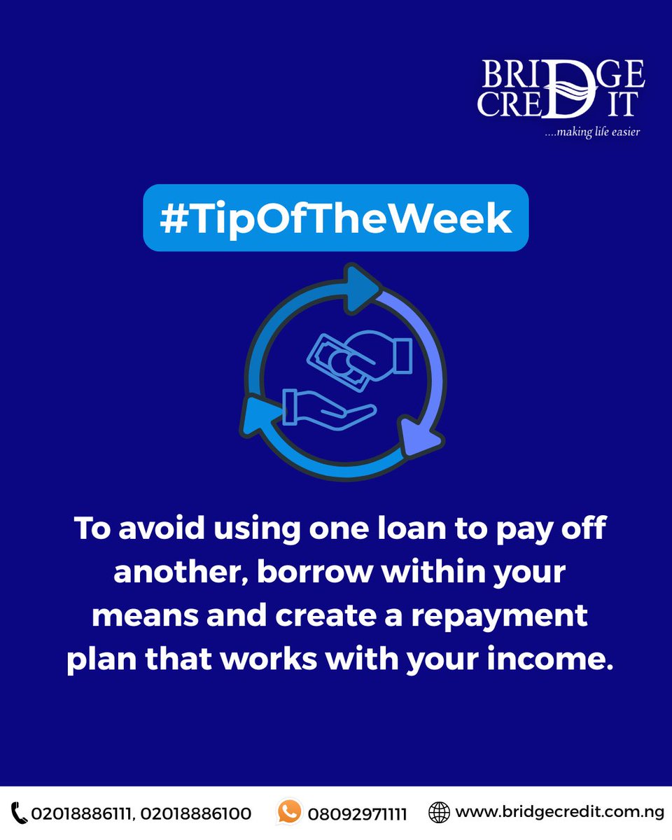 Bridgecredit1's tweet photo. Paying off a loan with another loan is a warning sign. 

Plan smart and borrow wisely to avoid entering a loan cycle. 

#BridgeCredit
#BridgeCreditLoans
#LoansInNigeria https://t.co/Pw5svnWRs4