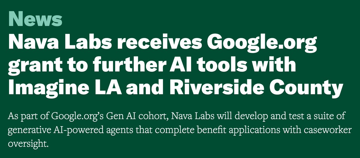 PolicyEngine US (@policyengineus) on Twitter photo Congratulations to <a href="/NavaPBC/">Nava Public Benefit Corporation</a> Labs on receiving the $1.5M <a href="/Googleorg/">Google.org</a> grant! This will enable expanded AI capabilities with our partner <a href="/ImagineLA/">Imagine LA</a>. Our API calculates benefit amounts for Imagine LA's Benefit Navigator, and we're excited to be part of this growing community helping Congratulations to <a href="/NavaPBC/">Nava Public Benefit Corporation</a> Labs on receiving the $1.5M <a href="/Googleorg/">Google.org</a> grant! This will enable expanded AI capabilities with our partner <a href="/ImagineLA/">Imagine LA</a>. Our API calculates benefit amounts for Imagine LA's Benefit Navigator, and we're excited to be part of this growing community helping