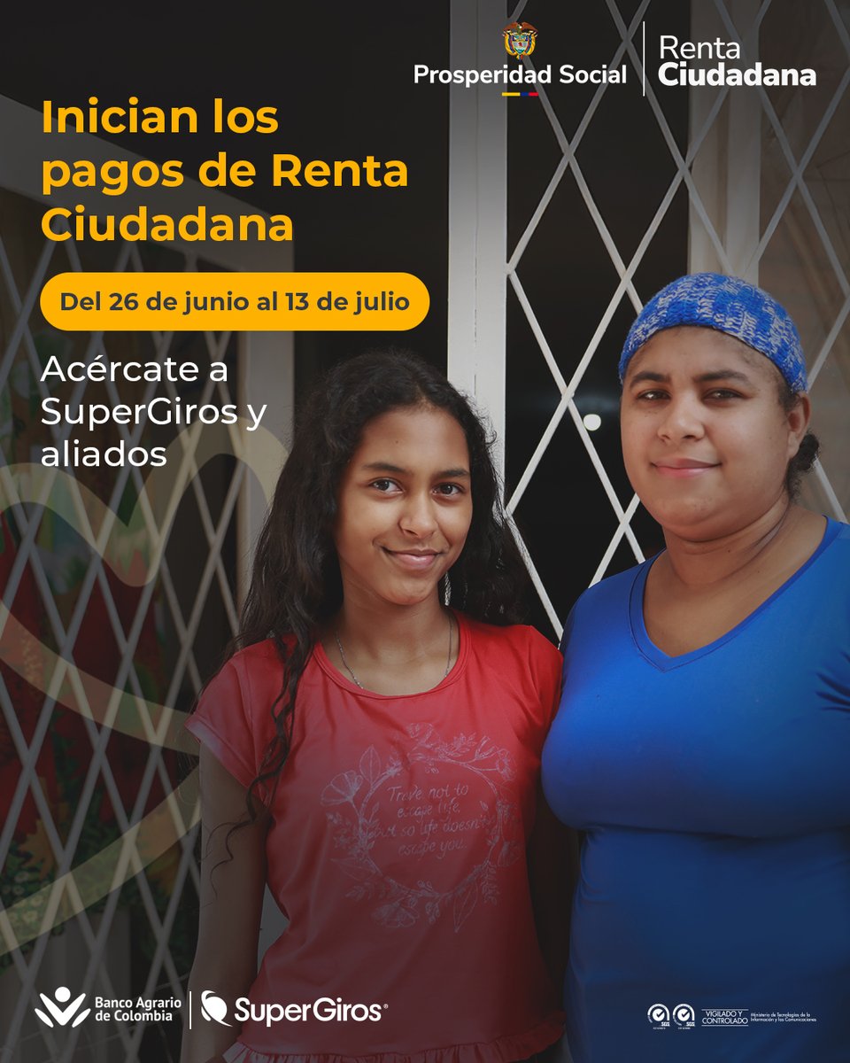 ¡Es momento de recibir tu pago de Renta Ciudadana! Acércate a SuperGiros y aliados del 26 de junio al 13 de julio. #RentaCiudadana #SuperGiros
