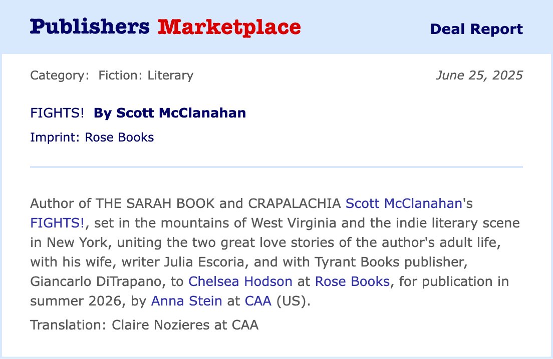 ChelseaHodson's tweet image. Coming from Rose Books in 2026: FIGHTS!, the new Scott McClanahan novel. This one's going to knock you out.