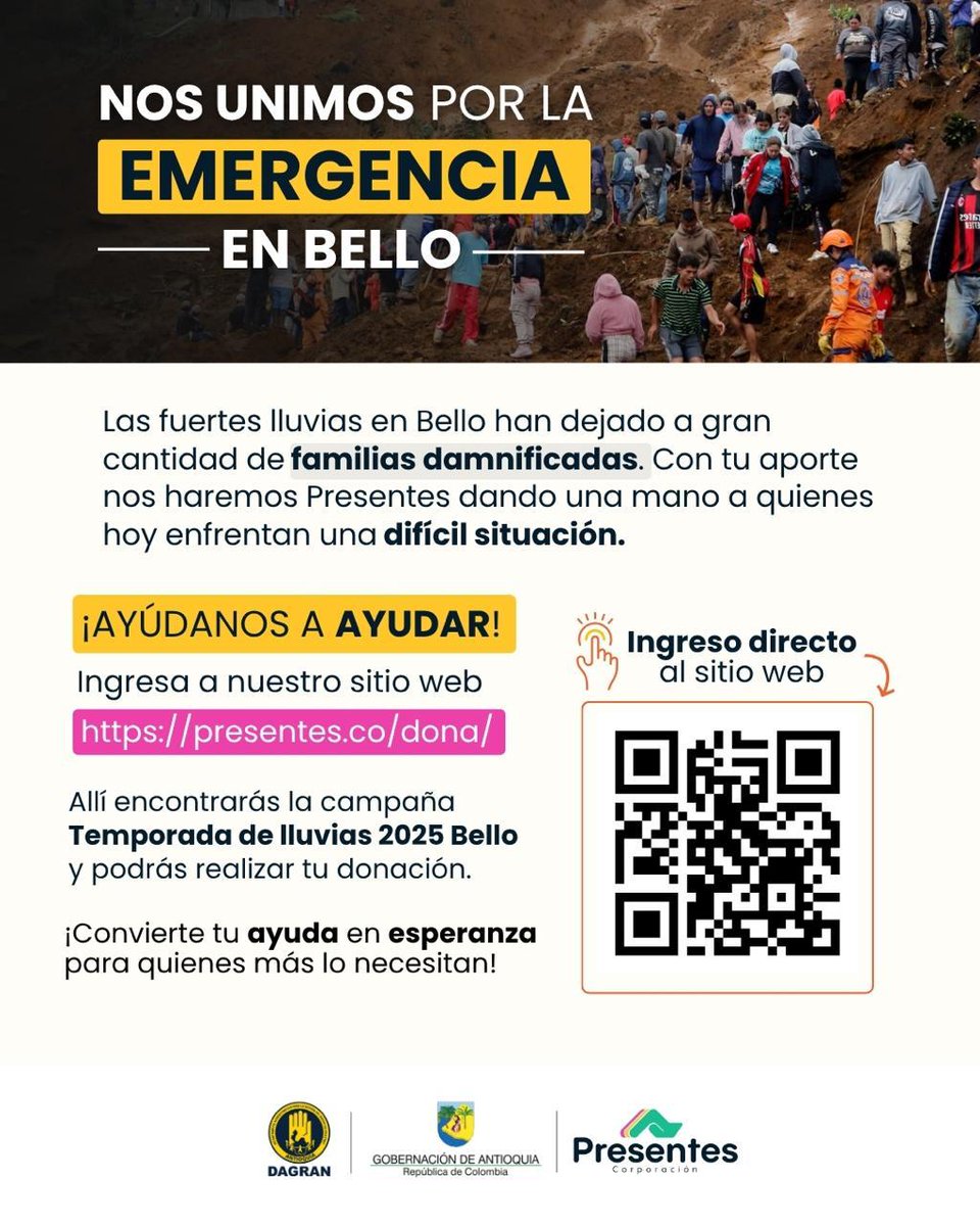 Ayudemos a las familias damnificadas por la emergencia en Bello.
Ingresa en este enlace para donar:🔗⤵️
presentes.co/seccion-donaci…

<a href="/DagranAntioquia/">DAGRAN Antioquia</a> 
<a href="/Presentesco/">Presentes</a> 
<a href="/AlcaldiadeBello/">Alcaldía de Bello</a>