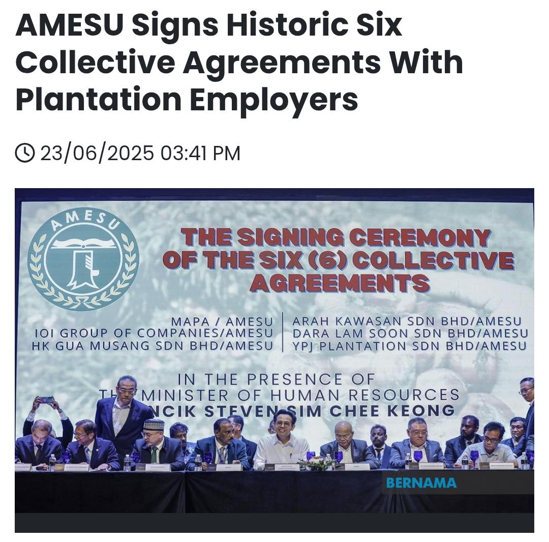 Mungkin ramai yang tak tahu, tapi Isnin 23 Jun lalu telah tercatat satu detik bersejarah dalam hubungan kesatuan sekerja &amp; majikan di Malaysia apabila 6 perjanjian kolektif (CA) ditandatangani sekaligus melibatkan kepentingan &amp; kebajikan pekerja ladang.

Jadi apa impaknya?

⤵️