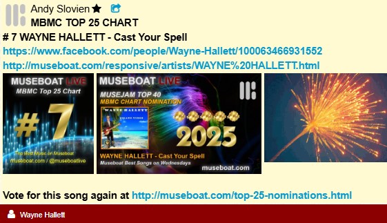 My song "Cast Your Spell" is #7 on the Museboat Live Chart!  Thank you very much to everyone who voted for my song.