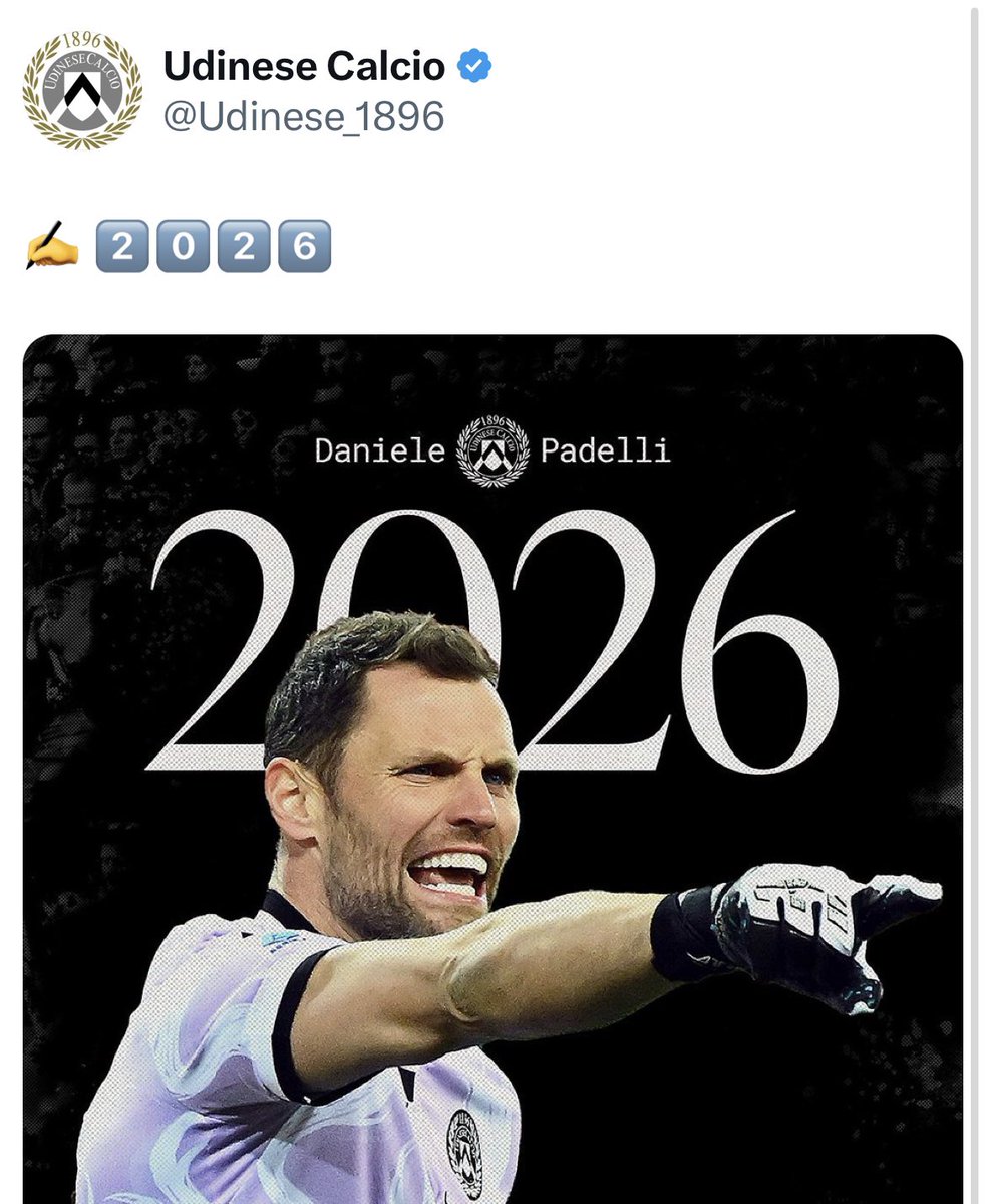 NicoSchira's tweet photo. Ora è ufficiale! Daniele #Padelli (40 anni) rinnova con l’#Udinese fino al 2026. Tutto confermato fino dallo scorso 23 Giugno! #calciomercato https://t.co/rL57EgY5r2