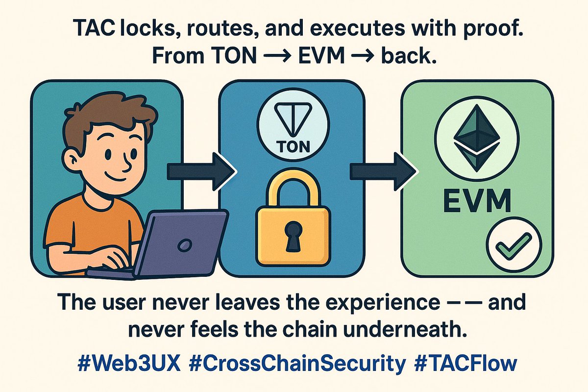 HelenOversby's tweet image. TAC locks, routes, and executes with proof.
From TON → EVM → back.
The user never leaves the experience — and never feels the chain underneath.
That’s the kind of Web3 that scales.
#Web3UX #CrossChainSecurity #TACFlow @TacBuild