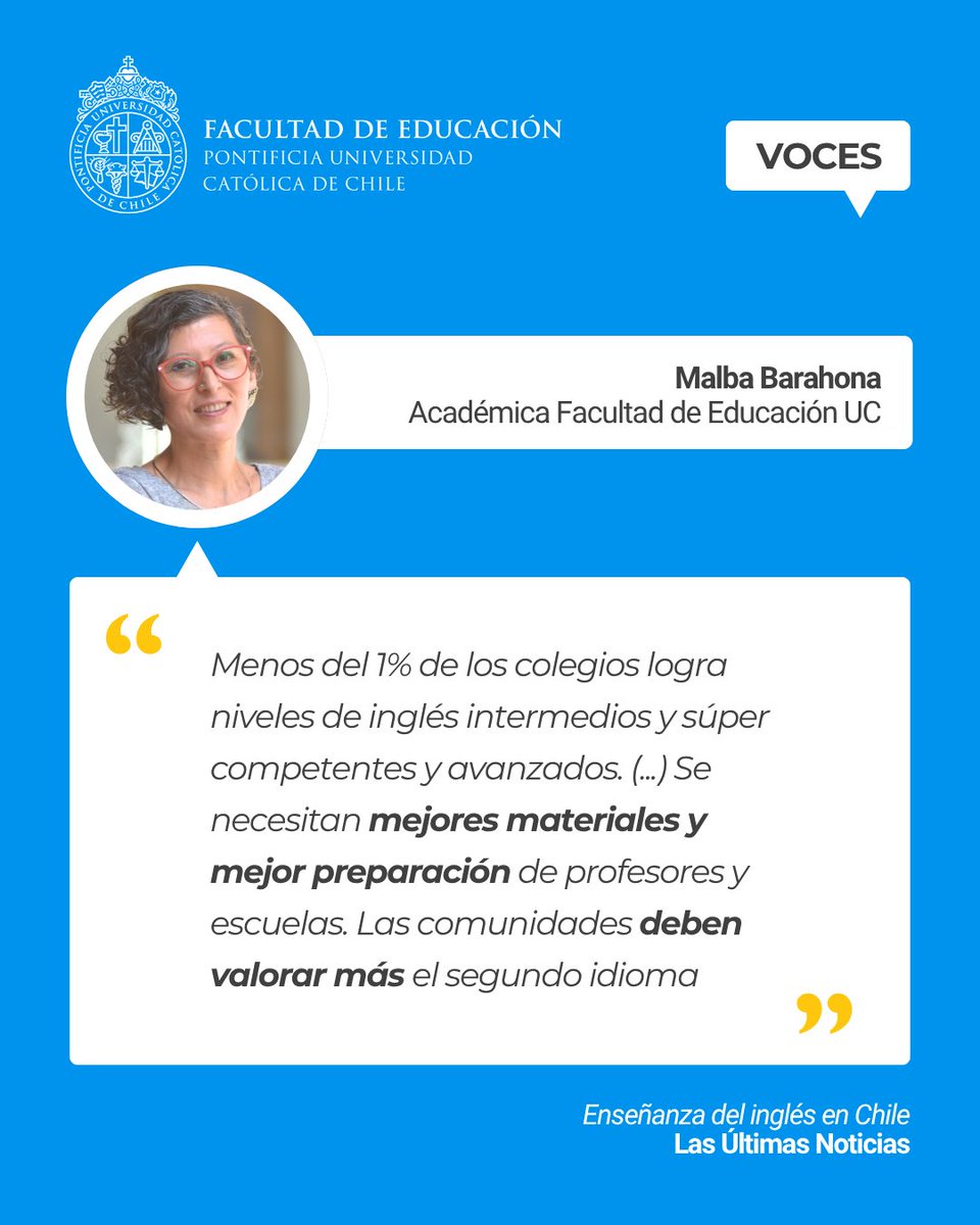 Fac_EducacionUC's tweet photo. 📚 “Se necesitan mejores materiales y mejor preparación de profesores y escuelas”. Malba Barahona, académica de #EducaciónUC, plantea en @lun los desafíos de enseñar inglés en Chile.
🔗 Lee más: https://t.co/qQ0UefDuEM
#VocesUC #Educación #Inglés #LenguasExtranjeras https://t.co/DPe4PrLWNx