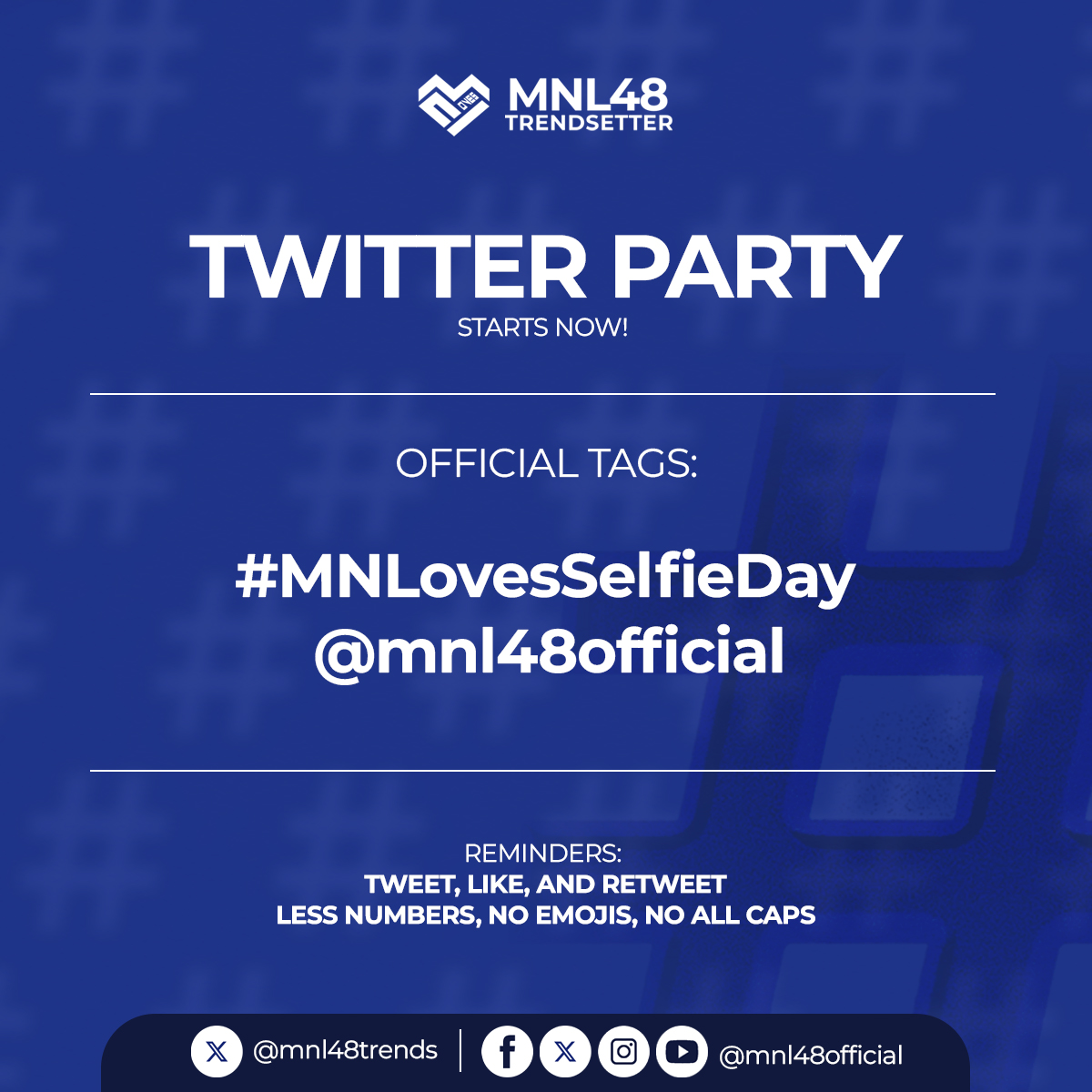 [ 𝐌𝐍𝐋𝐎𝐕𝐄𝐒 𝐒𝐄𝐋𝐅𝐈𝐄 𝐃𝐀𝐘 ] 

It is 28th day of the month, MNLoves! You know the tradition, let us keep on keeping it. Get a snap to share and flex. 

Don't forget to use the tags for today! Have fun for today! 

#MNLovesSelfieDay | <a href="/mnl48official/">MNL48</a>