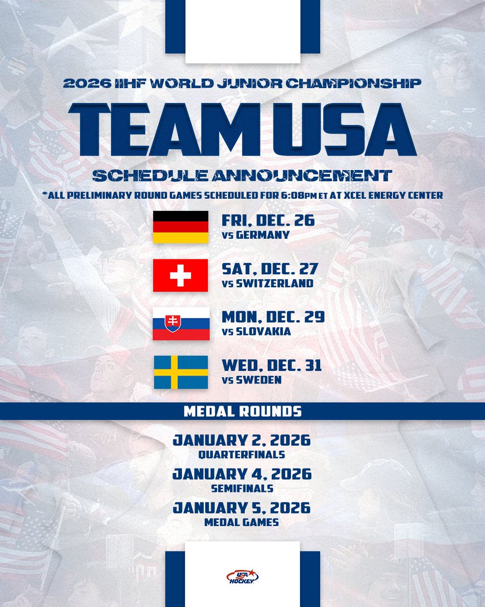 ‼️ The 2026 #WorldJuniors schedule is here ‼️

The world’s top U20 talent will compete for gold as the tournament marks its 50th anniversary in Saint Paul and Minneapolis, Minnesota.

Full tournament schedule: bit.ly/44w2k9r