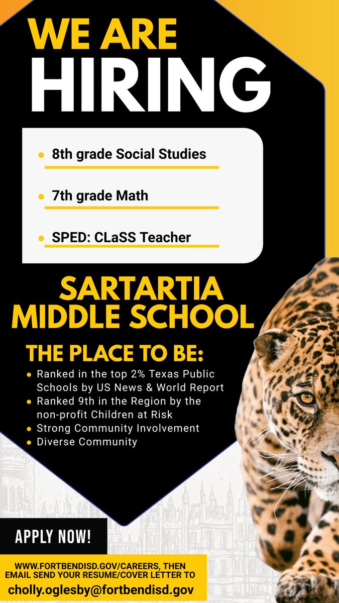 Sartartia Middle School (@sms_jaguars) on Twitter photo Join the #BestMiddleSchoolInTexas โ weโre currently scheduling interviews for next week!
โ
Apply at fortbendisd.gov/careers
๐ง Send your resume/cover letter to cholly.oglesby@fortbendisd.gov
Tag someone whoโd be a perfect fit! ๐๐ค Join the #BestMiddleSchoolInTexas โ weโre currently scheduling interviews for next week!
โ
Apply at fortbendisd.gov/careers
๐ง Send your resume/cover letter to cholly.oglesby@fortbendisd.gov
Tag someone whoโd be a perfect fit! ๐๐ค