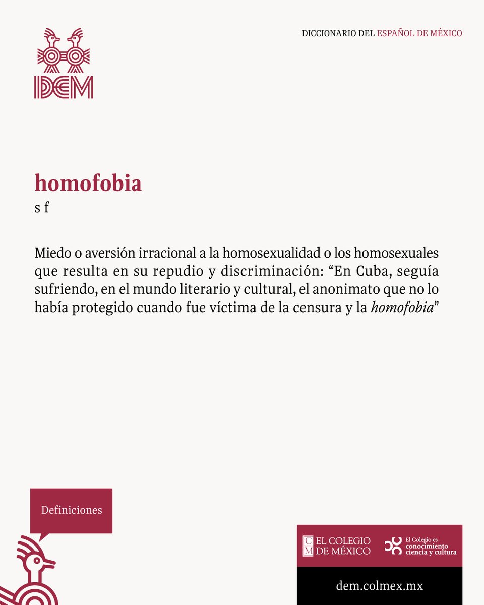 El Colegio de México (@elcolmex) on Twitter photo Definición #homofobia.
🔎 dem.colmex.mx/Ver/homofobia
Lleva el Diccionario del español de México #DEMColmex en tu 📲 Descarga la APP, disponible para iOS y Android.
<a href="/CELLColmex/">CELL Colmex</a> Definición #homofobia.
🔎 dem.colmex.mx/Ver/homofobia
Lleva el Diccionario del español de México #DEMColmex en tu 📲 Descarga la APP, disponible para iOS y Android.
<a href="/CELLColmex/">CELL Colmex</a>