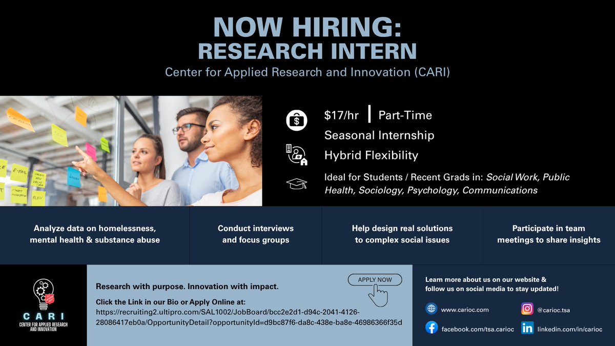 carioc_tsa's tweet image. 🚨 We&apos;re Hiring!

Join CARI as a Research Intern and help tackle homelessness through hands-on research and innovation.

🔗 Click the link in our bio and apply now to be part of something bigger.

#Internship #SocialJustice #HomelessnessSolutions #NowHiring #CARI #SalvationArmy