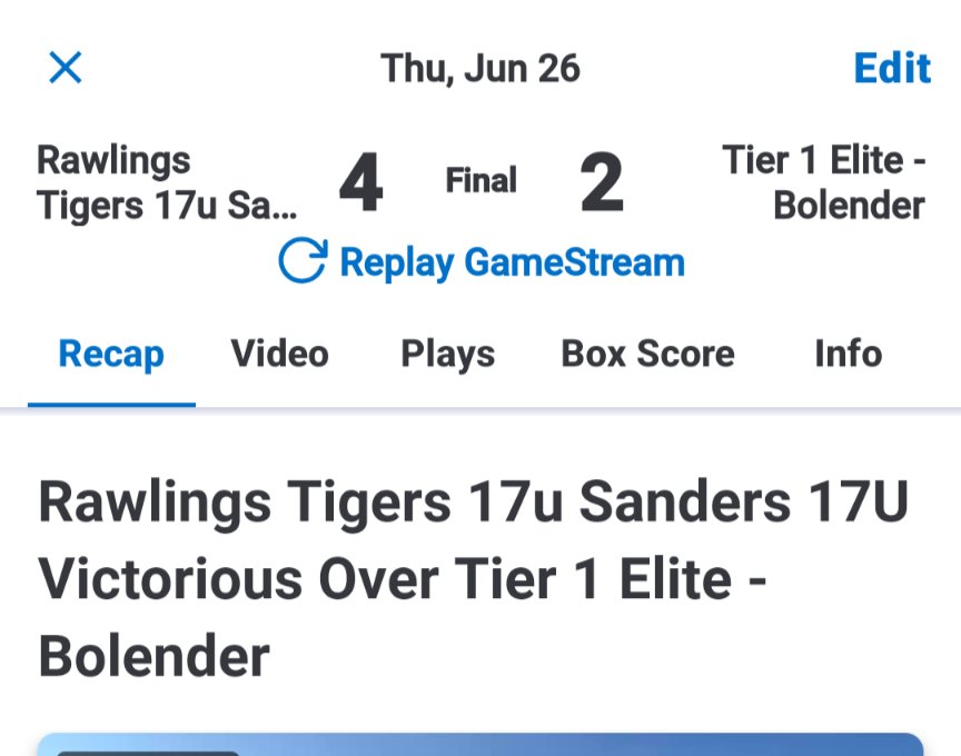 Rawlings Tigers 17u Sanders 17U Victorious Over Tier 1 Elite - Bolender

By GameChanger

Rawlings Tigers 17u Sanders 17U defeated Tier 1 Elite - Bolender 4-2 on Thursday.

Rawlings Tigers 17u Sanders 17U got on the board in the top of the third inning after Tyler Nadolson