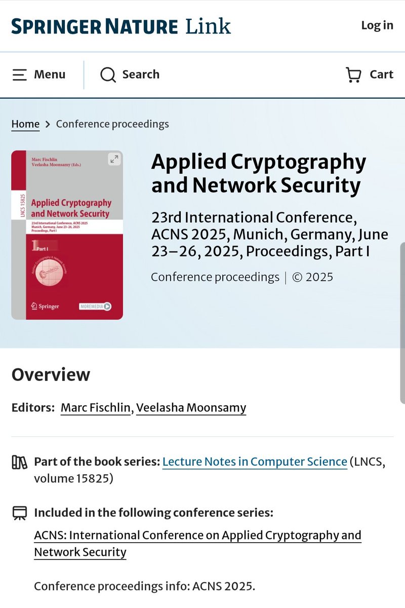 acns_2003's tweet image. ACNS&apos;25 proceedings are available for free access.
acns2025.fordaysec.de/program-2025/
#cybersecurity, #acns, #proceedings, #lncs