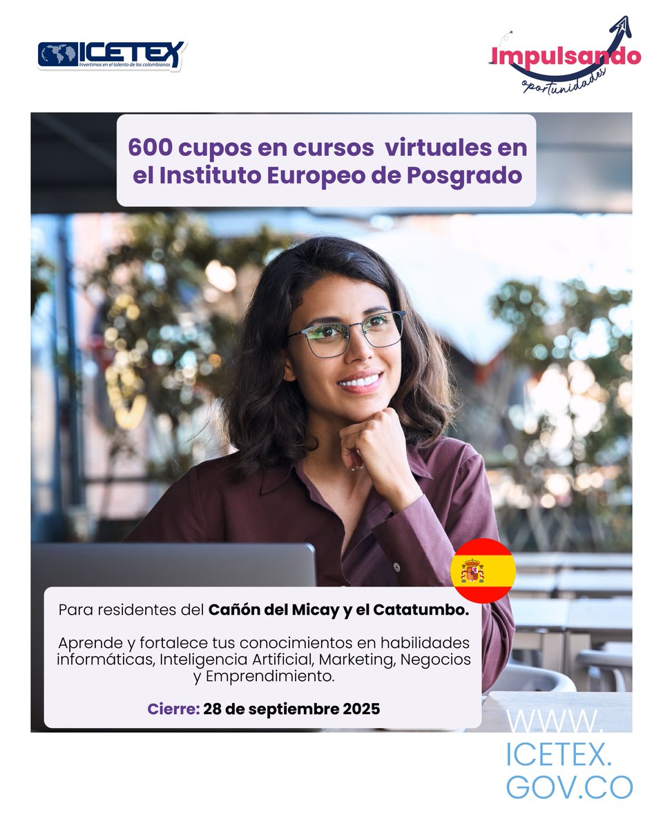 Si vives en el Catatumbo o en el Cañón del Micay y quieres adquirir conocimientos en emprendimiento y habilidades informáticas, entre otros temas, inscríbete a los cursos virtuales con el <a href="/IEPosgrado/">IEP</a>.

➡️ acortar.link/2vyyb4
➡️ acortar.link/cWLpnT
#ImpulsandoOportunidades