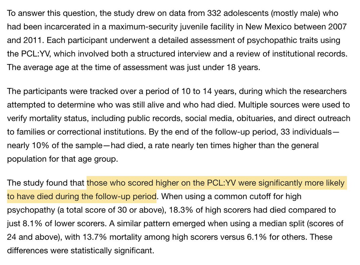 PsychopathyIs's tweet image. Better efforts to identify and treat child psychopathy are a matter of life and death. New research founds that among teens in detention, those with high psychopathy scores were less likely to survive over the next 10-14 years. psypost.org/youth-with-psy…