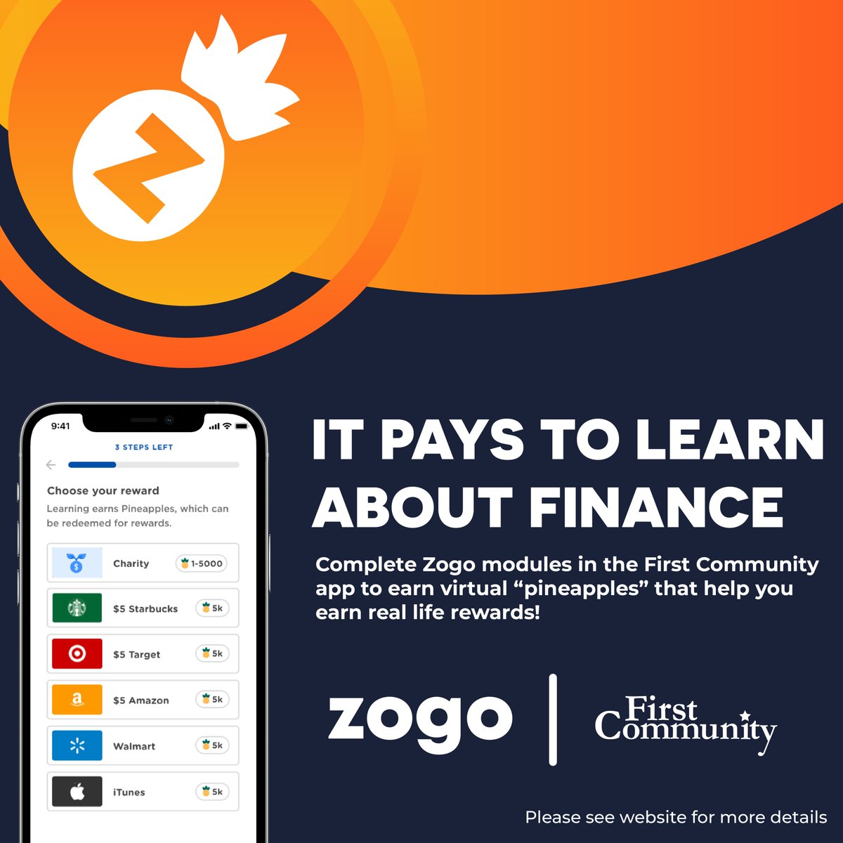 Are you looking to test and fortify your financial knowledge?  Use Zogo within the First Community Mobile App! 🍍
Complete learning modules to earn pineapple points, and use the points earned on rewards such as gift cards and more! 💰
For more on Zogo: qr2.mobi/FCZogo