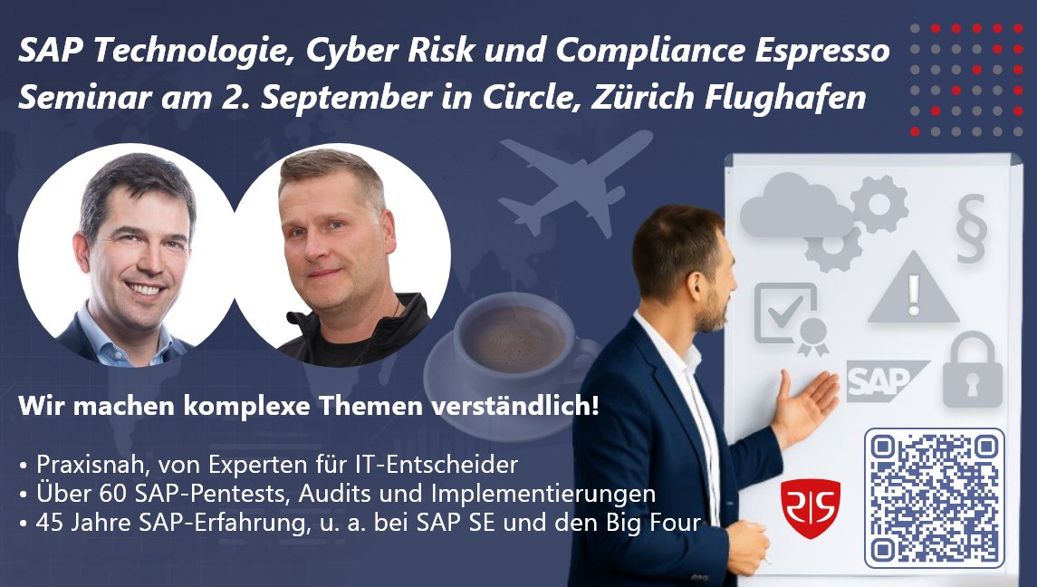 RiscompSAPGRC's tweet image. ☕️ SAP Technologie, Cyber Risk und Compliance Espresso – am 2. September 2025 im Circle, Zürich Flughafen

Sicher unterwegs in der SAP-Welt? Wir machen komplexe Themen verständlich!
📍 Mehr Infos &amp;amp; Anmeldung hier: riscomp.ch/sap_risk-compl…

#sharingtheknowledge #SAP #SAPEvent