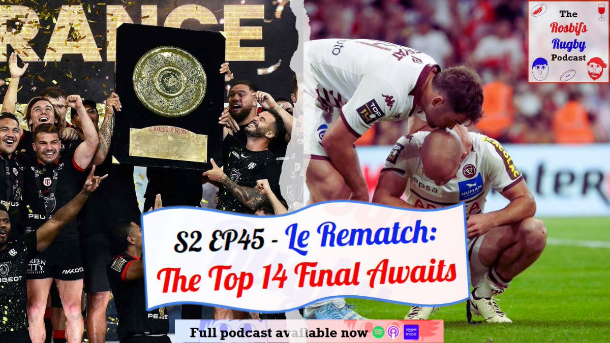 RosbifsRugby's tweet photo. 🚨POD DROP! 🚨

The Big Rematch is here! Download the pod for:

- round up of Lyon’s action
- Goliath vs Goliath as Toulouse take on UBB in Paris
- France’s touring squad for New Zealand

+ French rugby clichés infiltrate other sports…

🎧 Listen here 👇
https://t.co/2MxQreNM75 https://t.co/fzGZ8m5gvz