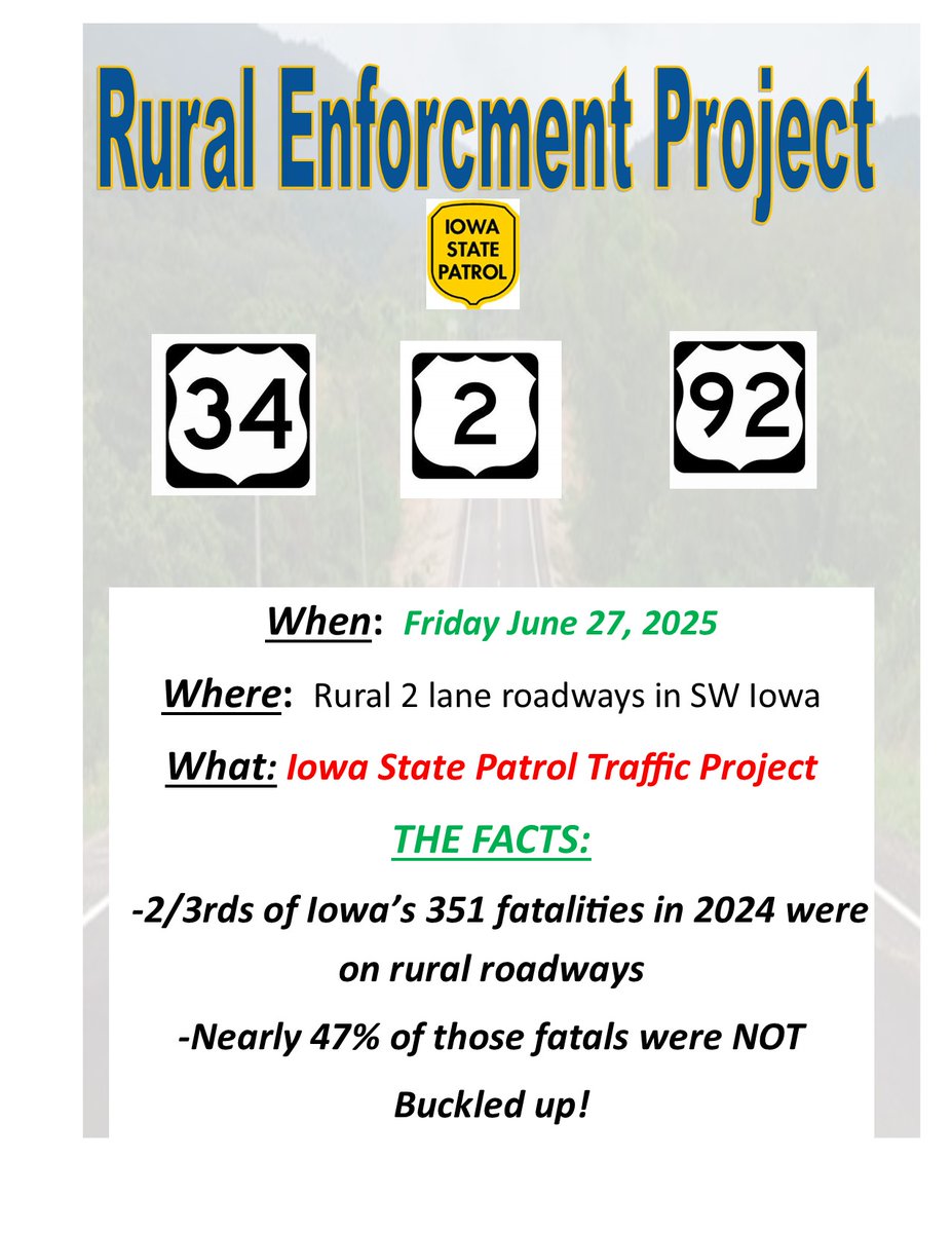 ISP-Trooper DeVault (@trooperdevault) on Twitter photo It's about you! We need YOU to buckle up, YOU to slow down, YOU to not drive impaired, and YOU to put your phone down! <a href="/iowastatepatrol/">Iowa State Patrol</a> District 3 will be putting extra enforcement out tomorrow June 27, 2025 across SW Iowa. Obey the laws so we don't have to see you tomorrow! It's about you! We need YOU to buckle up, YOU to slow down, YOU to not drive impaired, and YOU to put your phone down! <a href="/iowastatepatrol/">Iowa State Patrol</a> District 3 will be putting extra enforcement out tomorrow June 27, 2025 across SW Iowa. Obey the laws so we don't have to see you tomorrow!