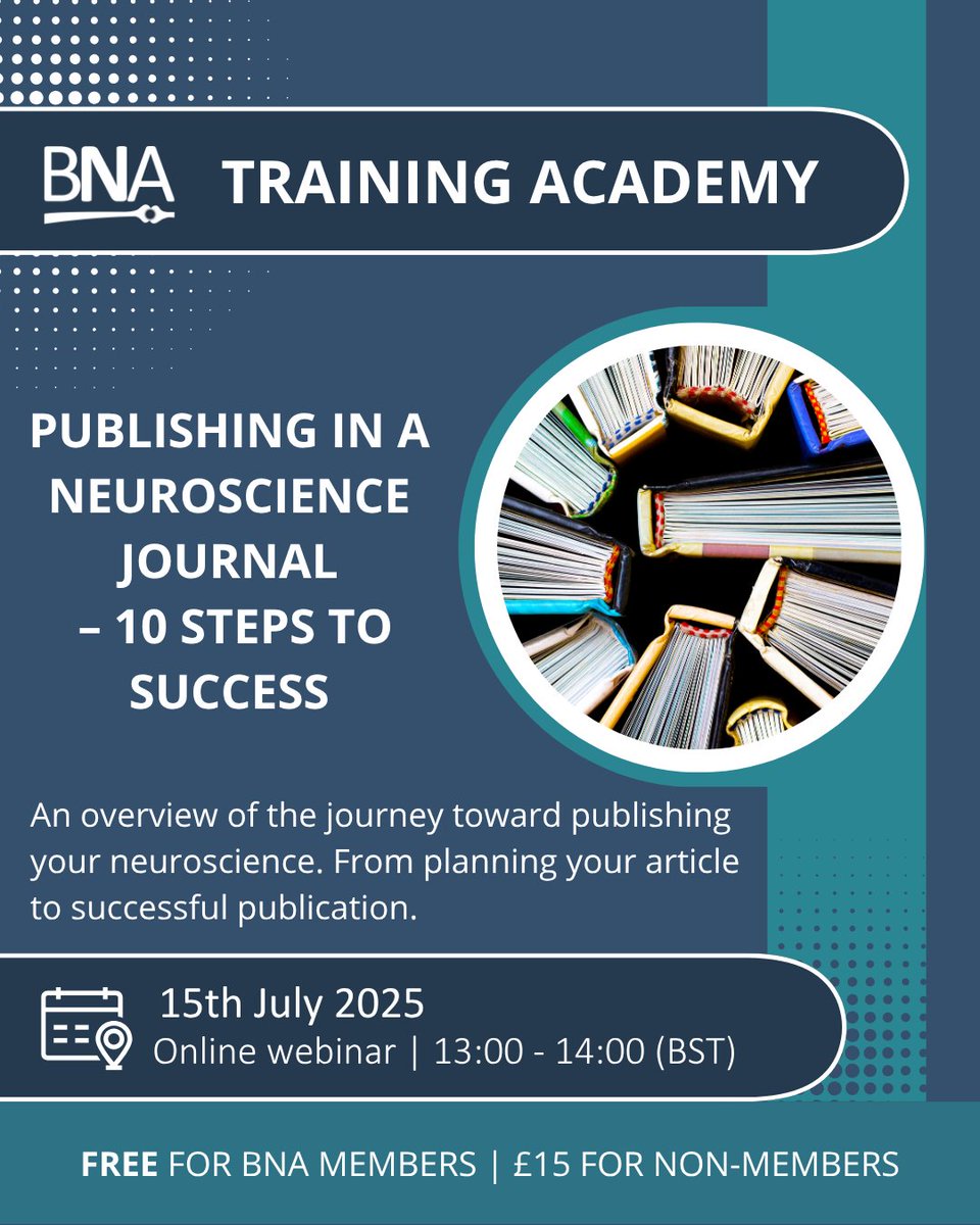 BritishNeuro's tweet image. Learn how to plan, write, and publish your scientific paper. Perfect for ECRs new to publishing or looking to sharpen their skills
Led by Dr. Kate Baker, Co-Editor-in-Chief of Brain and Neuroscience Advances
FREE for BNA Members and £15 for Non-Members
bna.org.uk/events/ems-eve…
