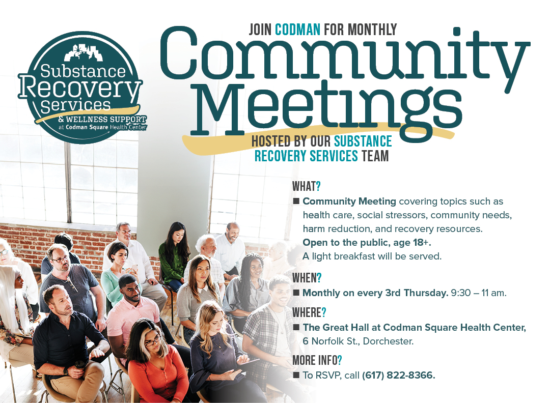 MyDorchester (@mydorchester) on Twitter photo Join <a href="/CodmanHealth/">Codman Square Health Center</a> Substance #Recovery Team for monthly Community Mtgs (every 3rd Thurs). Talk to us! What does harm reduction mean to you? How can we help ensure our neighborhood is thriving? Call 617-822-8366 or visit codman.org/recoveryservic… for more about recovery at Codman. Join <a href="/CodmanHealth/">Codman Square Health Center</a> Substance #Recovery Team for monthly Community Mtgs (every 3rd Thurs). Talk to us! What does harm reduction mean to you? How can we help ensure our neighborhood is thriving? Call 617-822-8366 or visit codman.org/recoveryservic… for more about recovery at Codman.